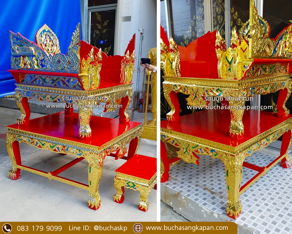 ธรรมมาสน์ไม้เบญจพรรณ แกะลาย ปิดทองเค ประดับกระจก 3 ชั้น ( ข้าง ).