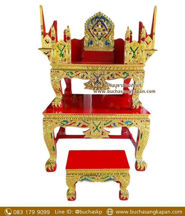 ธรรมมาสน์ไม้เบญจพรรณ แกะลาย ปิดทองเค ประดับกระจก 3 ชั้น.