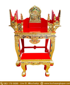 ธรรมมาสน์ไม้เบญจพรรณ แกะลาย ปิดทองเค ประดับกระจก 2 ชั้น.