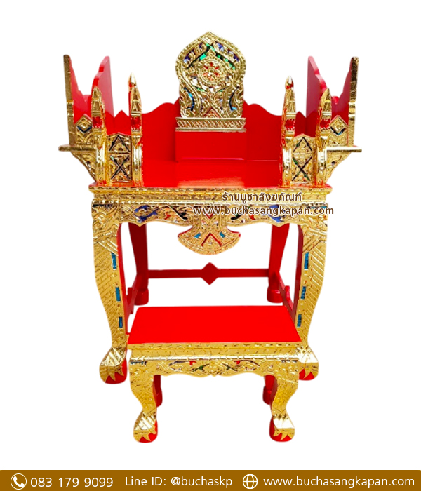 ธรรมมาสน์ไม้เบญจพรรณ แกะลาย ปิดทองเค ประดับกระจก 2 ชั้น.
