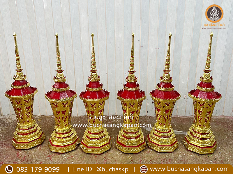 โกศไม้เบญจพรรณ แกะลายปืดทองเค ขนาด 4 นิ้ว สูง 120 ซม.