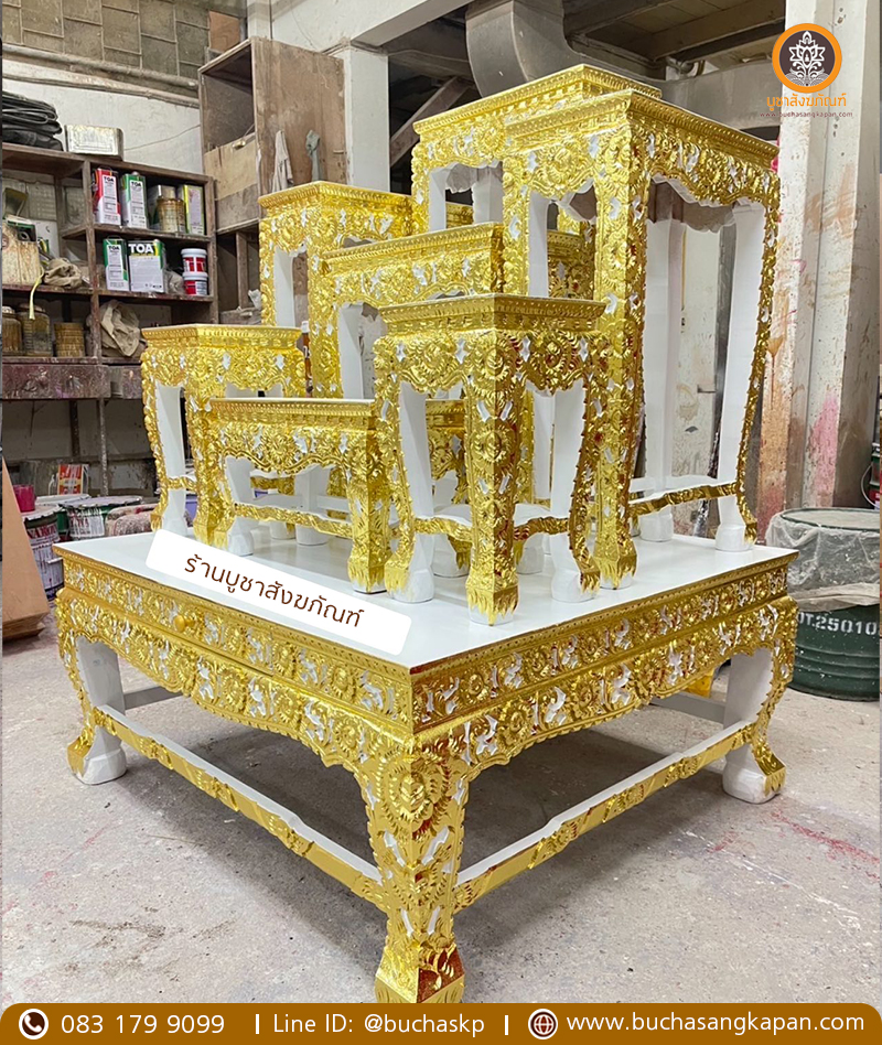 โต๊ะหมู่ไม้เบญจพรรณ แกะลายดอกไม้ ปิดทองเค หมู่ 7 หน้า 10 ( ข้าง )