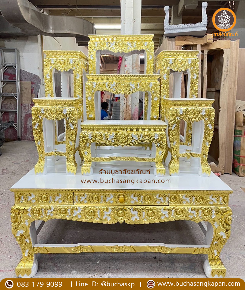 โต๊ะหมู่ไม้เบญจพรรณ แกะลายดอกไม้ ปิดทองเค หมู่ 7 หน้า 10