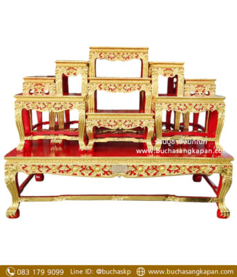 โต๊ะหมู่ไม้สัก แกะลายดอกไม้ ปิดทอง สีแดง หมู่ 9 หน้า 9